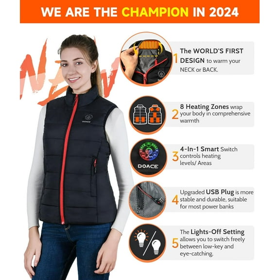 DOACE. ® Upgraded Heated Vest for Men and Women, Smart Electric Heating Vest, Lightweight Heated Jacket (Battery Not Included)