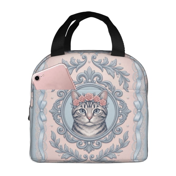 Cute Cat Lunch Bag With Cats Reusable Lunch Box Front Pocket Zipper Closure Leakproof Insulated Cooler Tote Bag Food Container Cartoon LunchBox For Men Women Work Travel Picnic