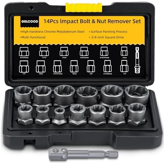 Bolt Extractor Kit, 14 PCS Impact Bolt & Nut Remover Set with 3/8 Inch Adapter, Upgrade Stripped Bolt Extractor Socket Set with Portable Tool Box, Easy Out for Rusted, Damaged, Round Bolt Nuts Screws
