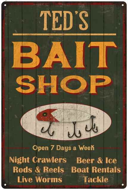TED'S Green Bait Shop Man Cave Wall Decor Gift 8x12 Metal 108120027243
