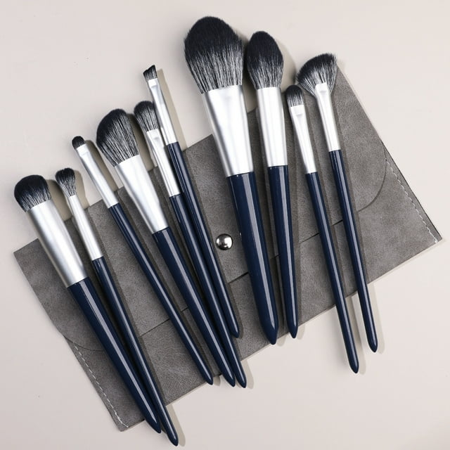 Nvzi Juego de 10 brochas de maquillaje para base, polvos, correctores, sombras de ojos, rubor, brochas de maquillaje azules Nvay con bolsa de almacenamiento gris oscuro