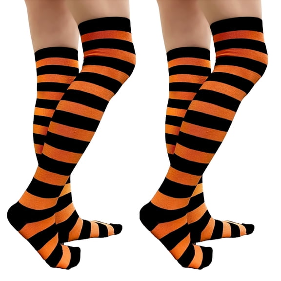 COUVER Women Striped Over Knee Stockings, Black Light Orange, 2 Pairs