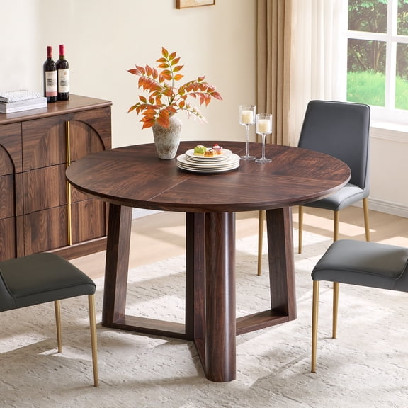 OKD 47” Round Dining Table for 4–6, Kitchen & Dining Table with Solid Wood Pedestal Base, Dark Walnut