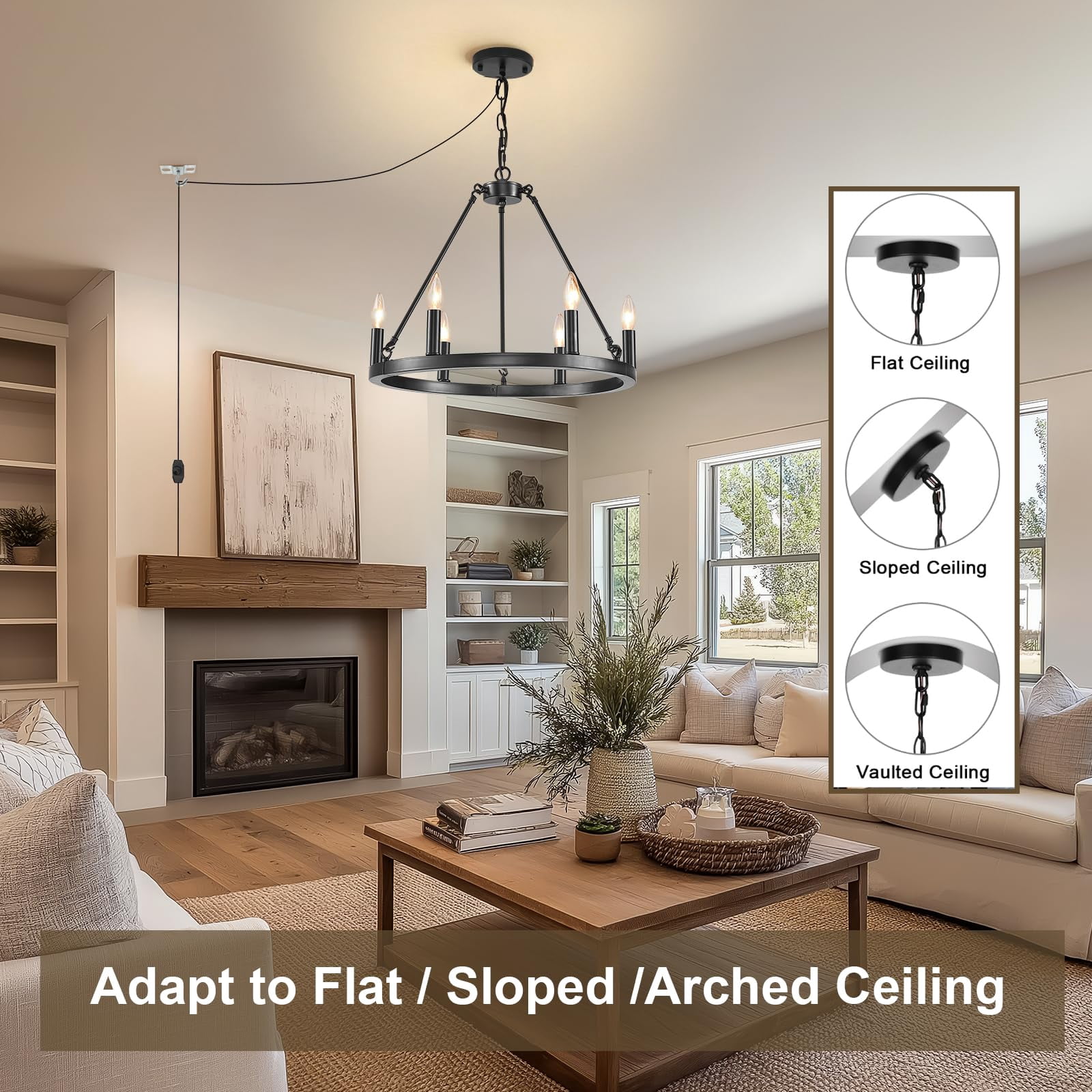 SADALAK DIMMABLE Wagon Wheel Plug in Chandelier 6-Light, 20.5" Black Round Farmhouse Pendant Light Fixture with Cord, Height Adjustable Industrial Hanging Light, Outdoor Ceiling Light for Dining Room