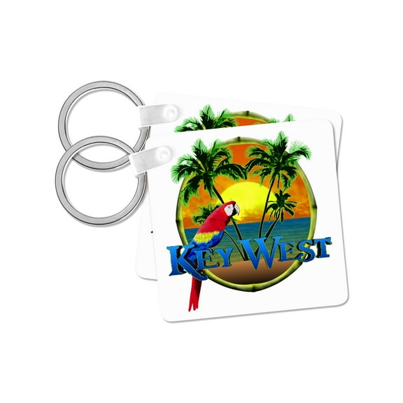 3dRose, A Key West Florida beach sunset and tropical parrot., set of 2 Key Chains