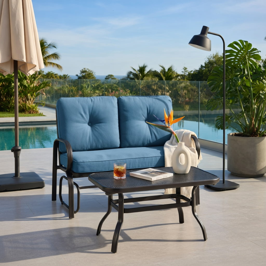 Hommoo 2-Piece Outdoor Patio Furniture Set, Cushioned Steel Loveseat & Coffee Table in Weather-Resistant, Easy-Clean Olefin Fabric, Navy