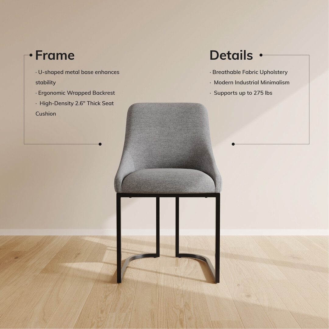 COLAMY Set of 2 Dining Chairs, Modern Upholstered Fabric Kitchen Chairs with U-Shaped Metal Legs, Armless Mid-Back Side Chairs for Home and Hotel, Gray
