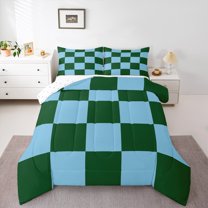 Castle Fairy Geometric Plaid Full Size Comforter Sets,Green Blue Bedding Sets