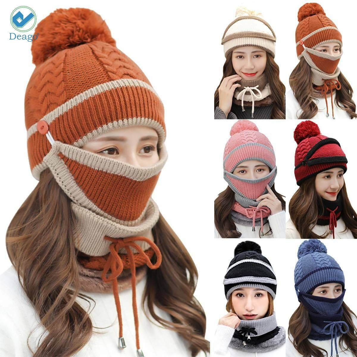 Women Girls Winter Warm Pom Hat Cap Mask Scarf Neck Thickened Plush Wool Knit 