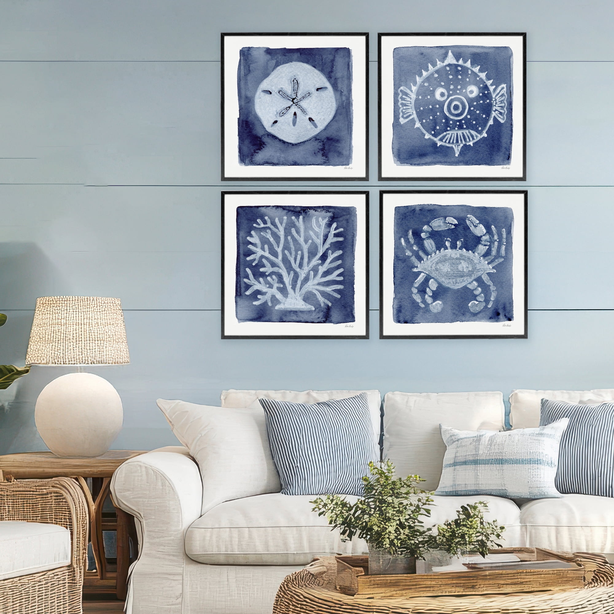 Stupell Industries Aquatic Creatures on Indigo 4 Piece Black Framed Giclee Art Set, design by Patti Bishop