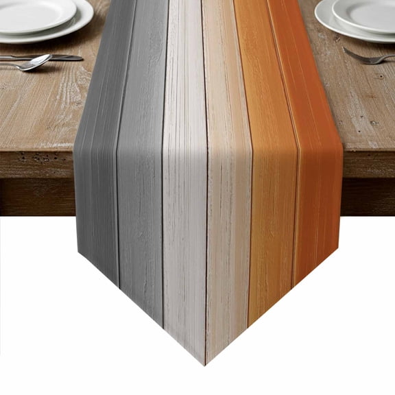 Orange Gray Table Runner Linen Burlap Table Runner 72 Inches Long Farmhouse Retro Gradient Wooden Grain Dresser Scarves for Kitchen Island Coffee Dining Room Party Wedding Holiday Decoration 18"x72"