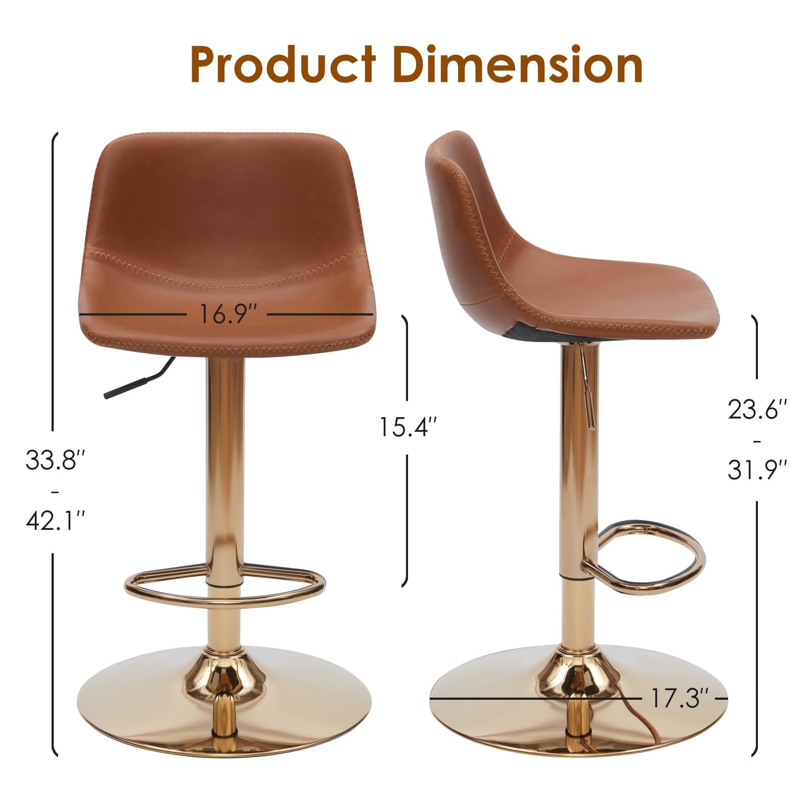 STARY Adjustable Bar Stools Set of 2, Modern Swivel Bar Stools, Bar Height Stools with Back Support, Pu Leather Bar Stool for Kitchen Island Counter