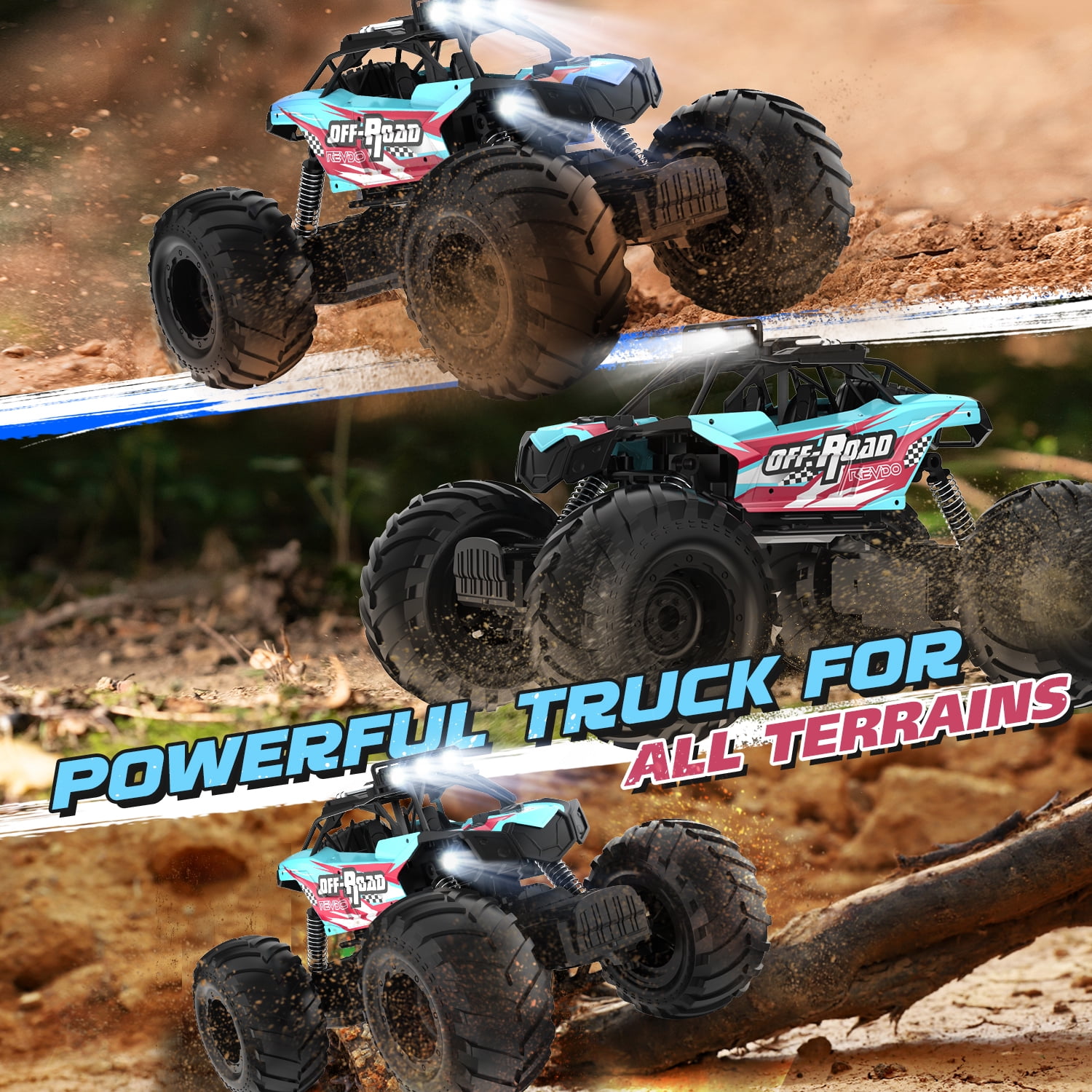 JoyStone 1:10 RC Cars for Kids , 2.4Ghz RC Monster Truck with Light, 2 Batteries, 60+ Mins, Off Road Vehicle for Adults, Blue