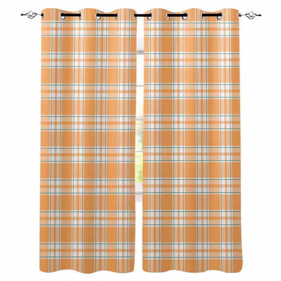 Fsddascl Orange White Check Blackout Curtains for Bedroom/Living Room, Thermal Insulated Kitchen Curtains, Farmhouse Fall Buffalo Plaid Grommet Darkening Window Treatment Drapes 52"x72"x2