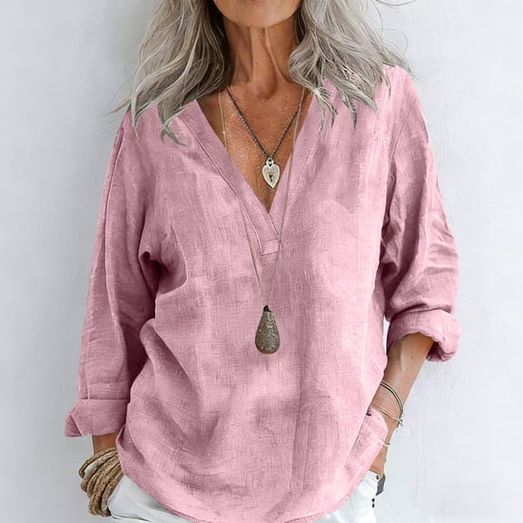 LVHAOGJOB Cotton Linen Shirts for Women Tops Short Sleeve Solid Color Summer Loose Plus Size Womens T Shirt