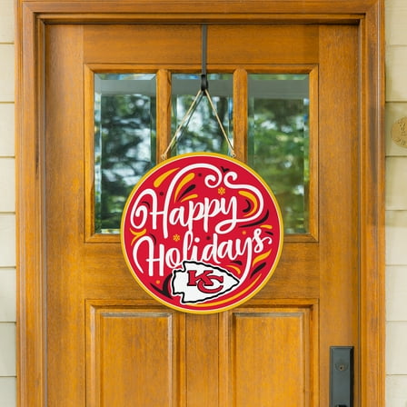 Kansas City Chiefs 18" Happy Holidays Wooden Round Door Sign