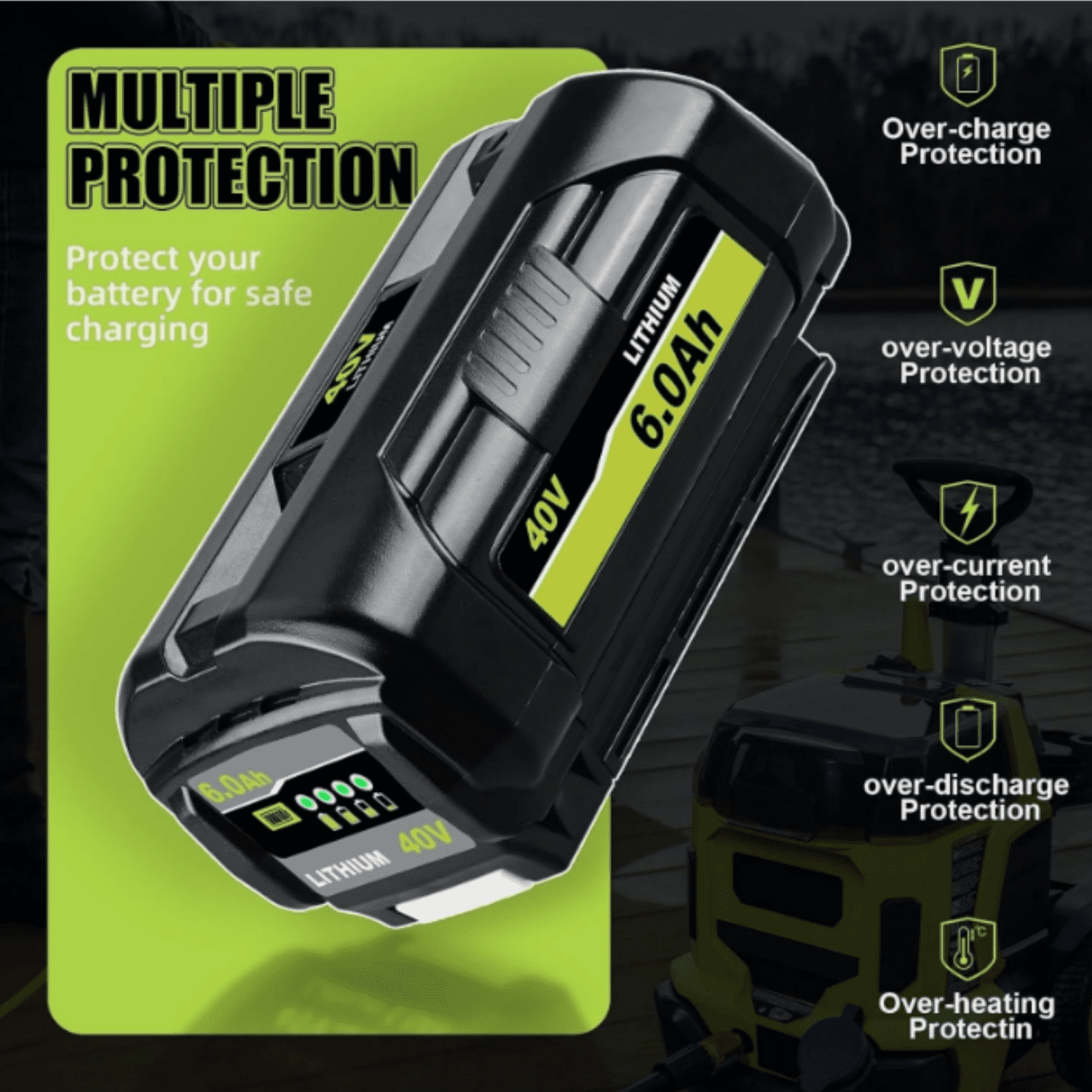 2 Pack Replacement for Ryobi 40V Battery and Charger Compatible with Ryobi 40 Volt Battery Lithium OP4040 OP40401 OP4026 OP40261 OP4050 OP40201 Compatible with 40 Volt Cordless Power Tool (Green)