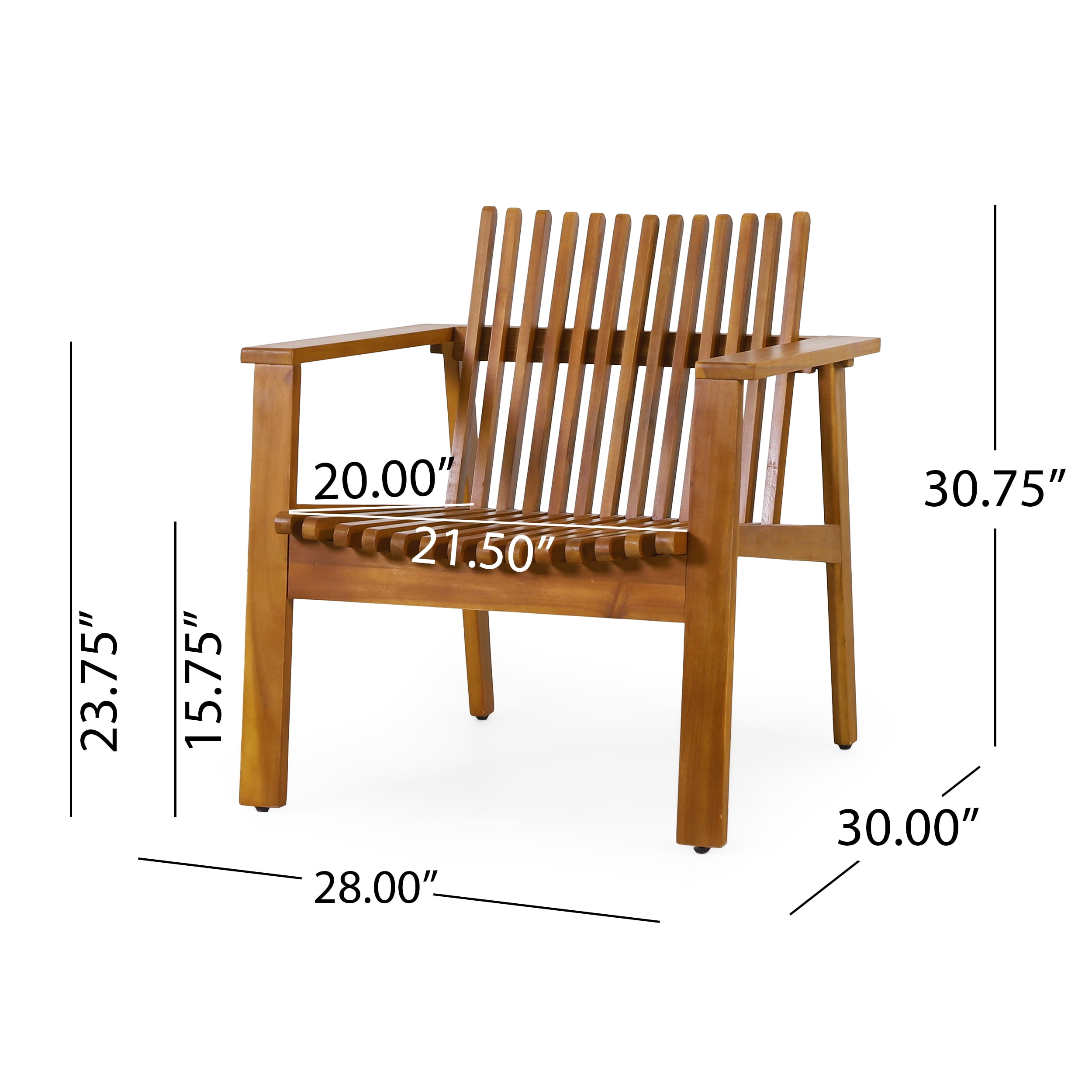 Outdoor Slatted Single Chair Set of 2, Acacia Wood Frame Leisure Seats for Patio Garden, Teak Finish