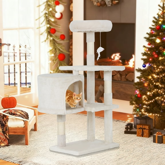 NiamVelo 36 Inch Cat Tree Cat Tower for Small Cats, Plush Multi-Level Cat Condo with Scratch Post Kittens Playhouse Furniture Set, Beige
