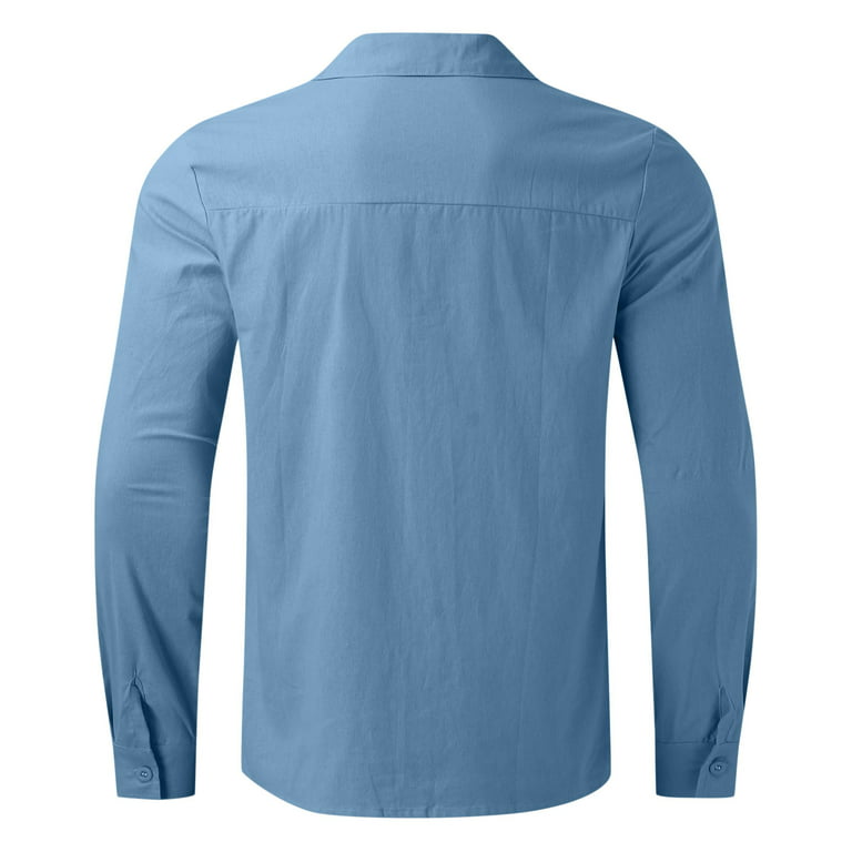 Zmhegw Shirts for Men Summer Cotton Linen Solid Plus Size Loose Turn Down Collar Long Sleeve male Tops Light Blue XXL, Women's, Size: 2XL
