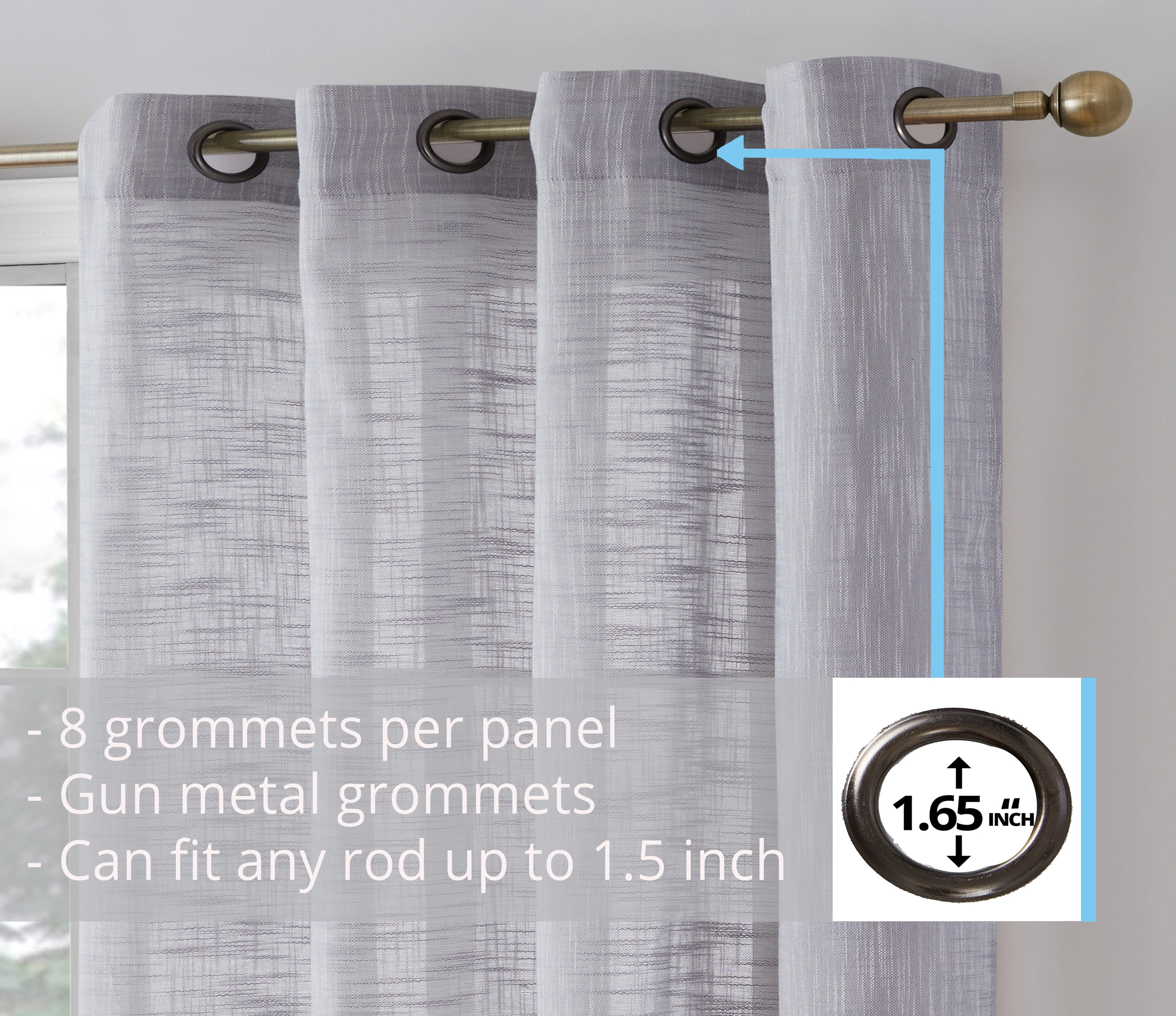 THD Harley Faux Linen Textured Semi Sheer Sun Light Filtering Window Grommet Curtain Panels, Set of 2 Panels