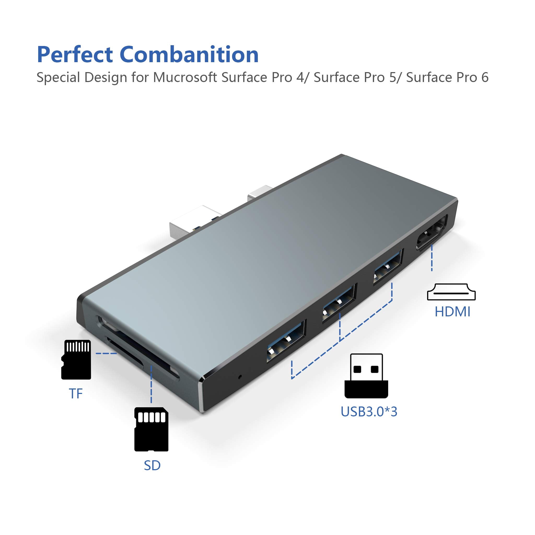 Surface Pro 6/ Pro 5/ Pro 4 Docking Station USB Hub, Surface Pro Docking Station with 4K HDMI, 3X USB3.0 Ports, SD/TF Card Reader, Accessories for Microsoft Surface Pro 4/5/6