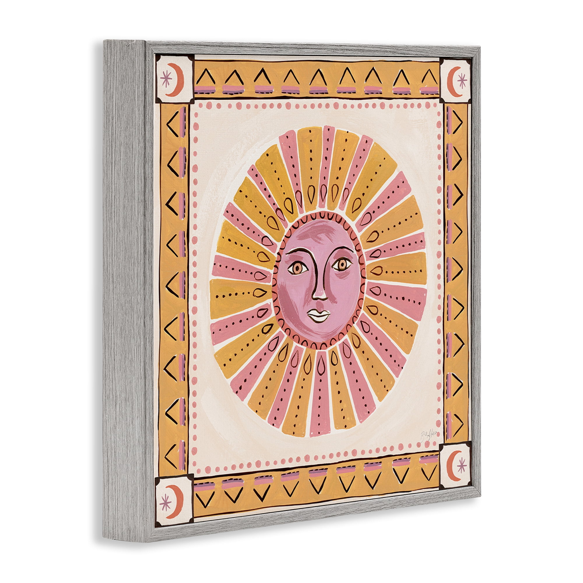 Stupell Industries Pink Sun Face with Geometric Border Gray Framed Giclee Art, design by Two If By Sea Studios