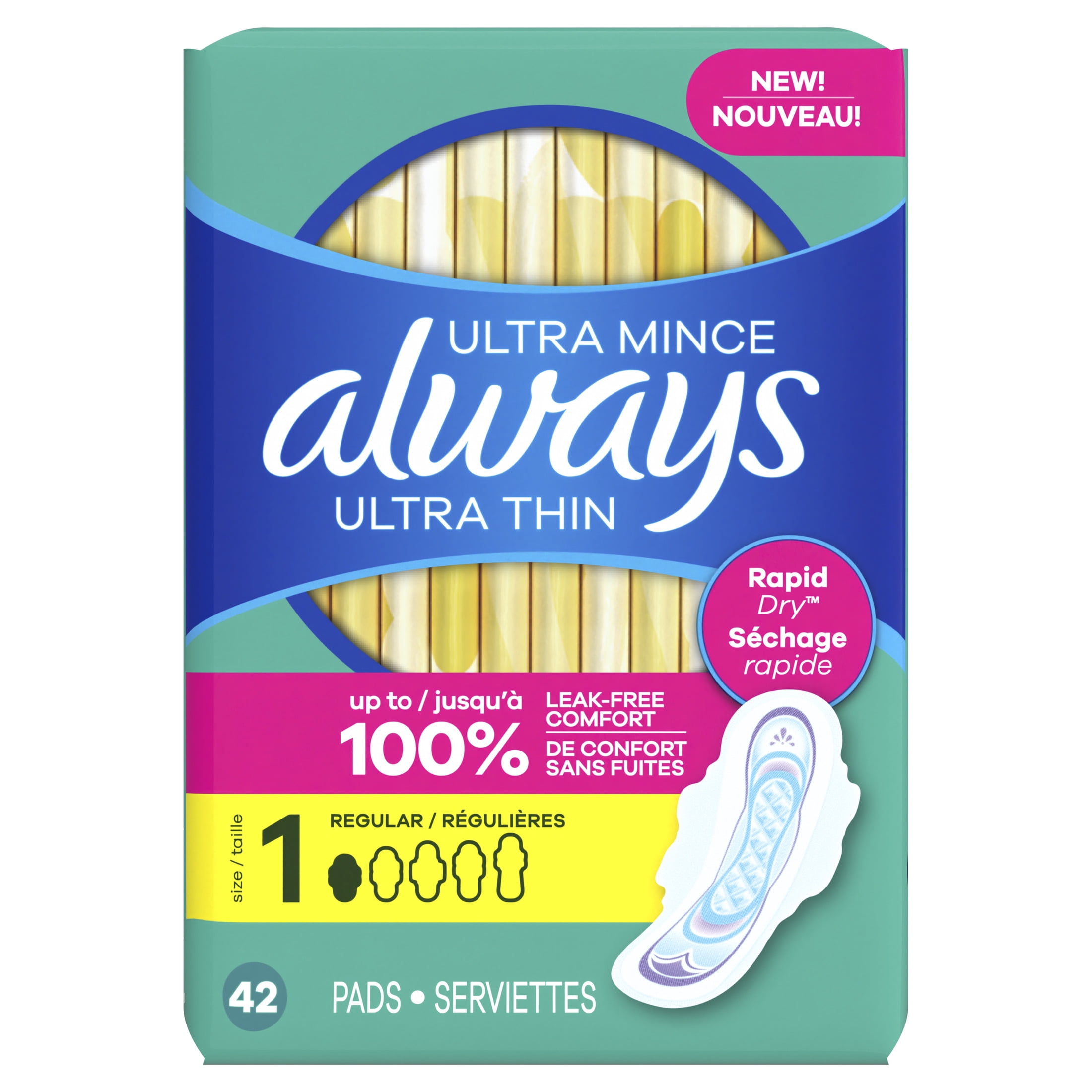 Always Ultra Thin Feminine Pads with Wings for Women, Size 1, Regular Absorbency, Unscented, 126 Count
