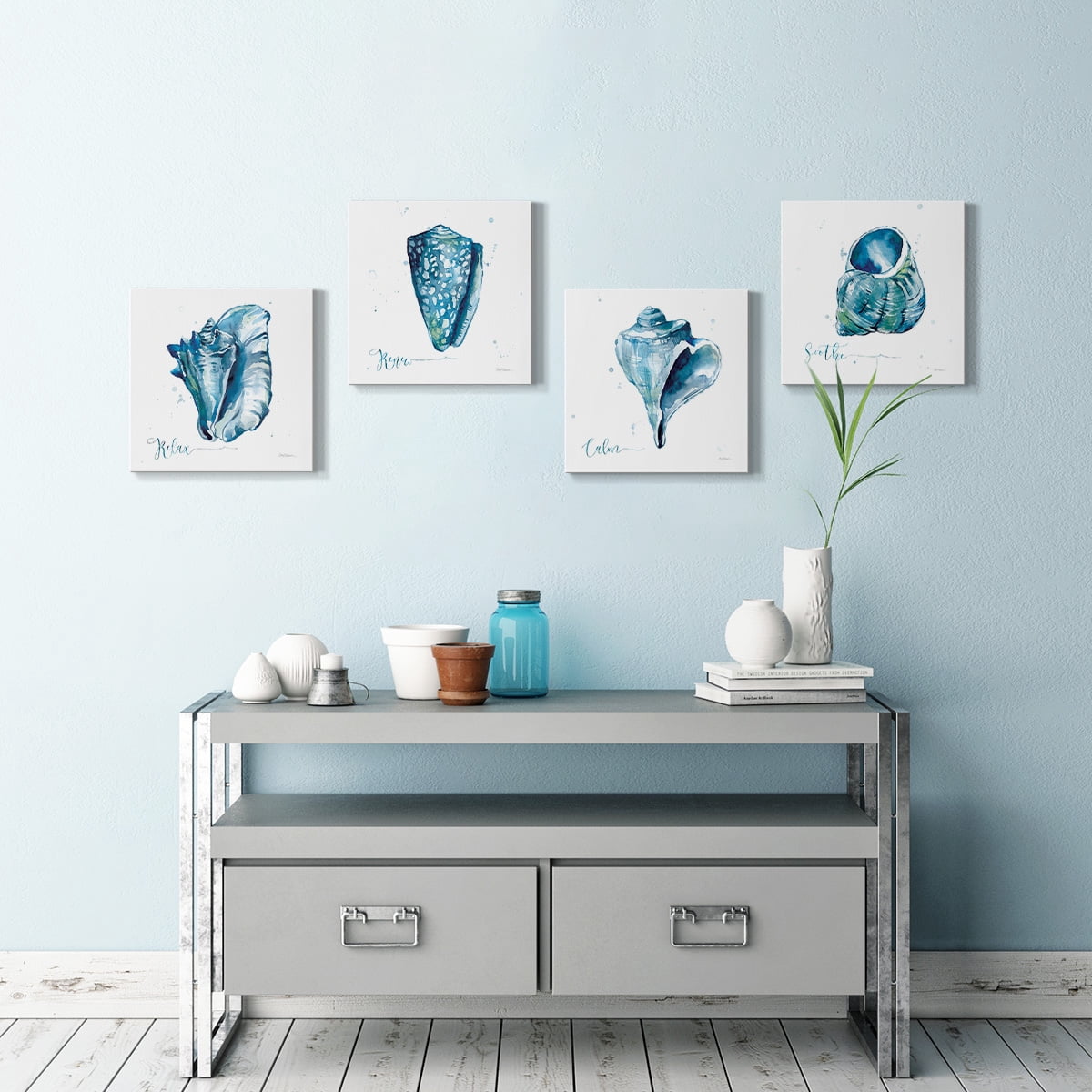 Wexford Home Seashell Beach House Theme Wall Décor 16 x 16 inches, Set of 4 Nautical Wall Art Canvas Prints Decoration for Bathroom Bedroom Living Room