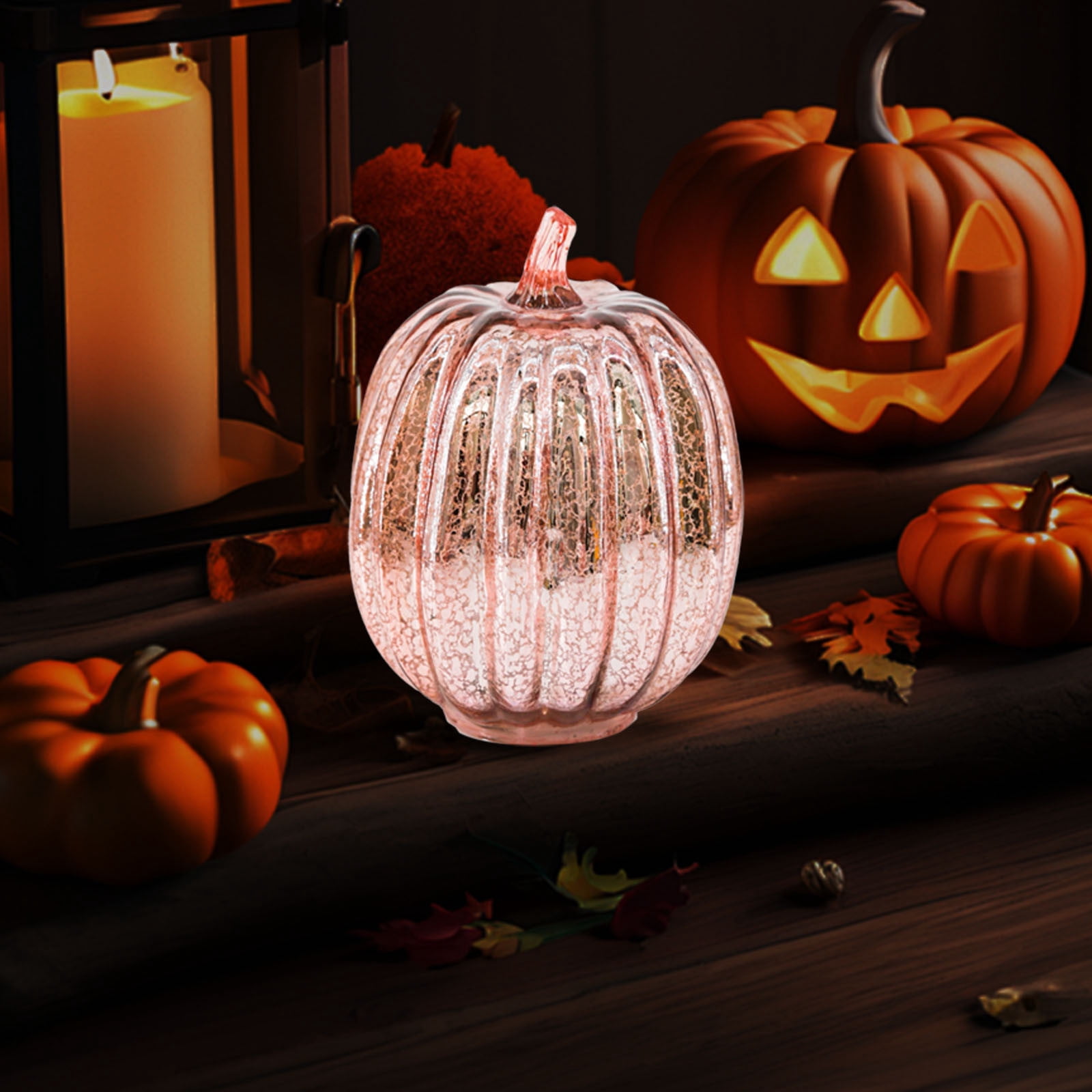 Illuminated Starry Night Glass Pumpkins – Twinkle LED Light Pumpkin Set With Timer, Fall Decor For Home, Thanksgiving & Halloween (Beige)