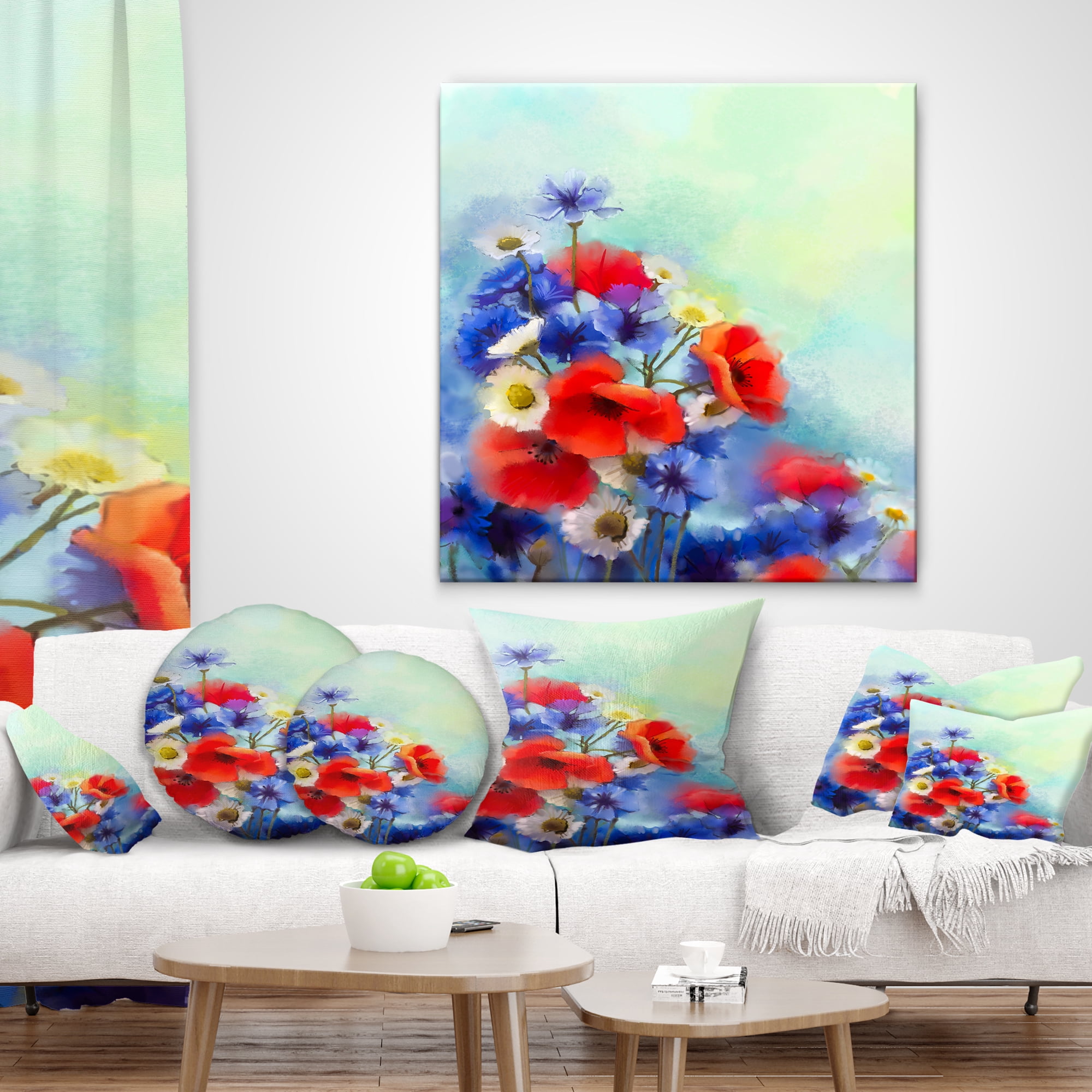 Designart Blue Cornflower and White Daisy - Floral Throw Pillow - 16x16