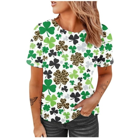 

YFPWM Women s Tunic Tops Plus Size Corset Top Business Causal Tops Summer Chiffon Blouse Smocked Swiss Dot Blouse St. Patrick s Day Round Neck Print Shirts Short Sleeve Summer T Shirt