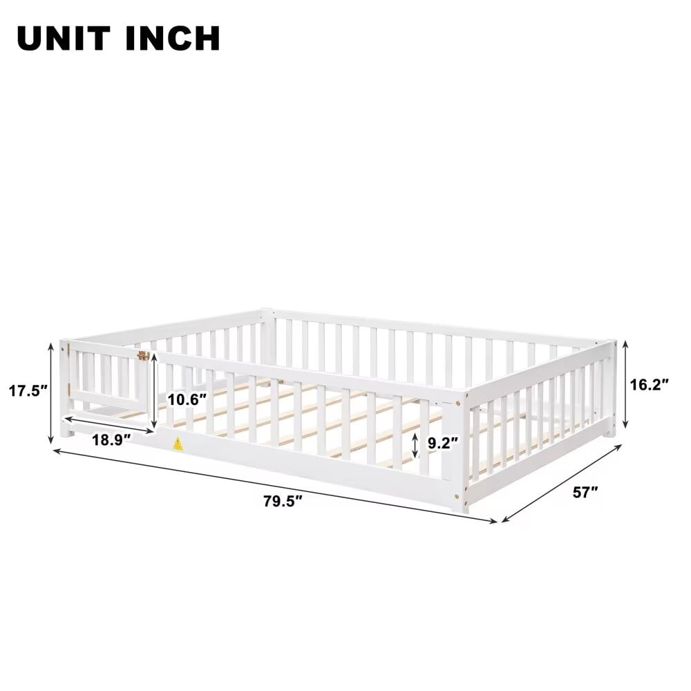 Full Size Floor Bed Frame, Wooden Montessori Bed with 7 Wood Slats, Fence-Shaped Guardrails and Door, No Box Spring Needed, White