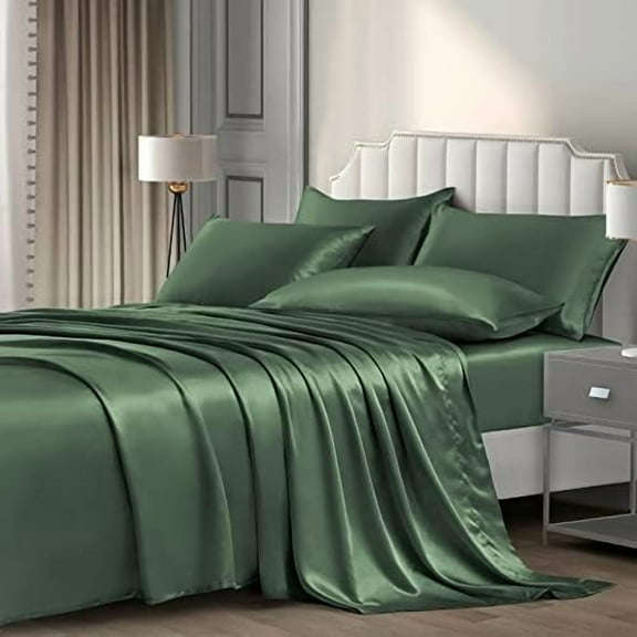 6 Pieces Full Satin Sheets Luxury Silky Woodland Green Satin Bedding Sheet Set, 1 Deep Pocket Fitted Sheet 1 Flat Sheet 4 Pillow Cases