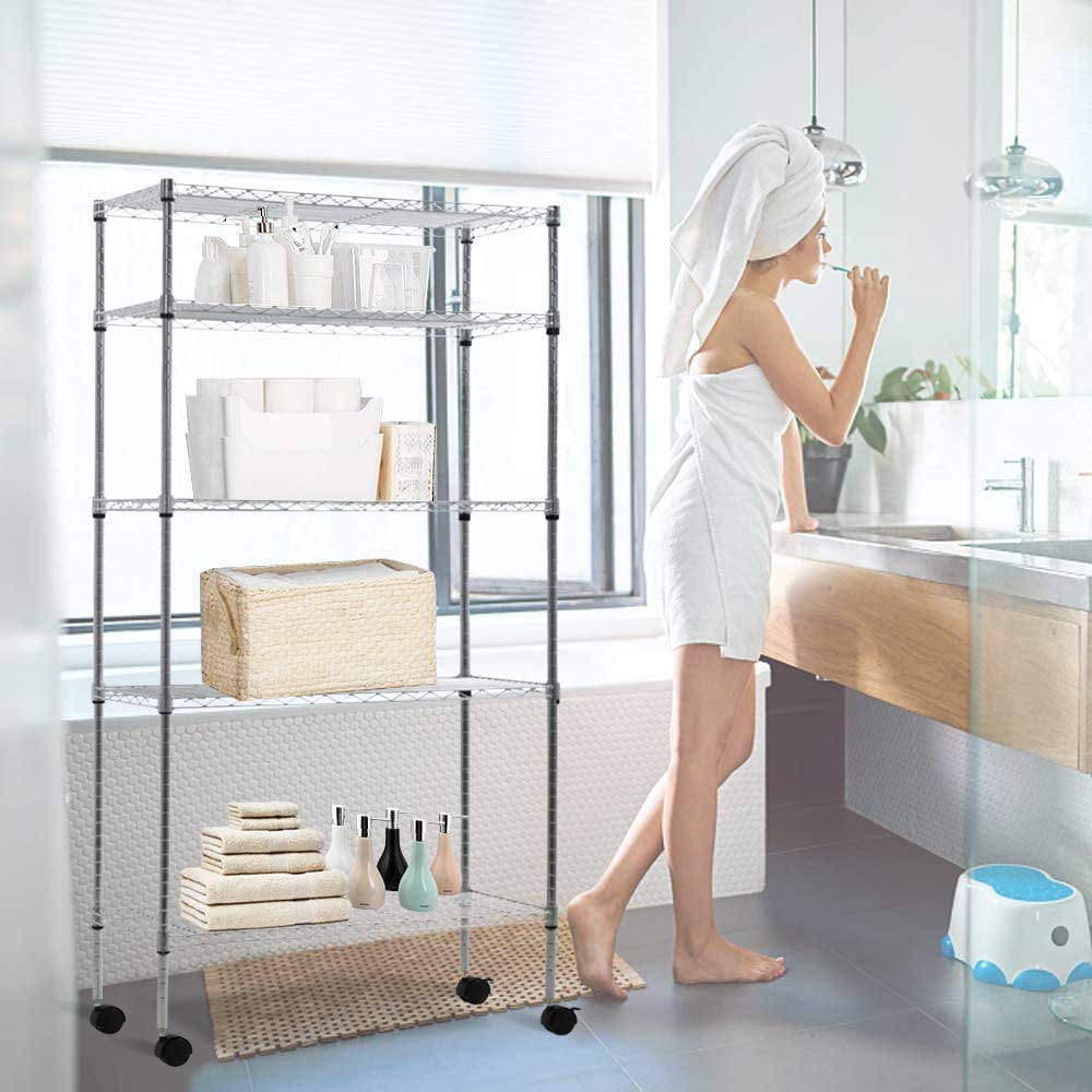 NiamVelo Storage Shelves 5-Tier Wire Shelving Unit with Wheels ,  Adjustable  Metal Shelves Heavy Duty NSF Garage Shelves  750 lbs Capacity (Chrome)