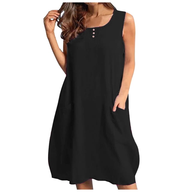 Moda mujer Casual Sexy cuello redondo vestidos sólidos bolsillos de verano vestido sin mangas Fridja hj1871