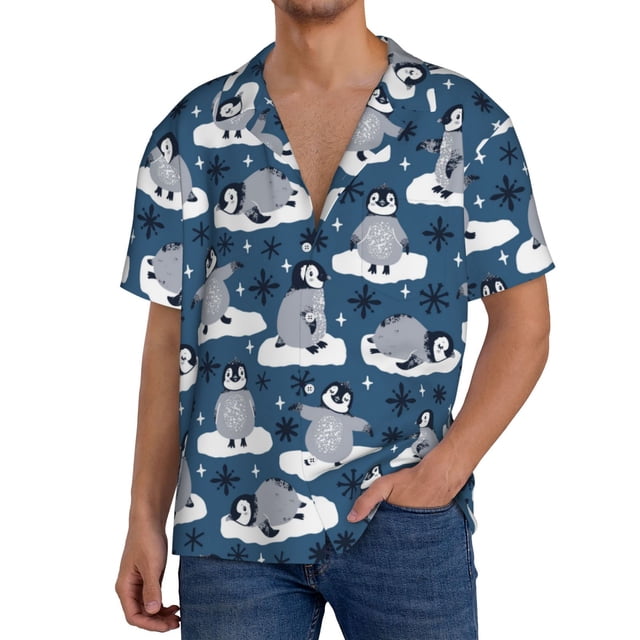 Fotbe Snow Penguin Camisa Estampada de Manga Corta para Hombre, Casual de Verano, Estilo Playero, Sin Arrugas-Large