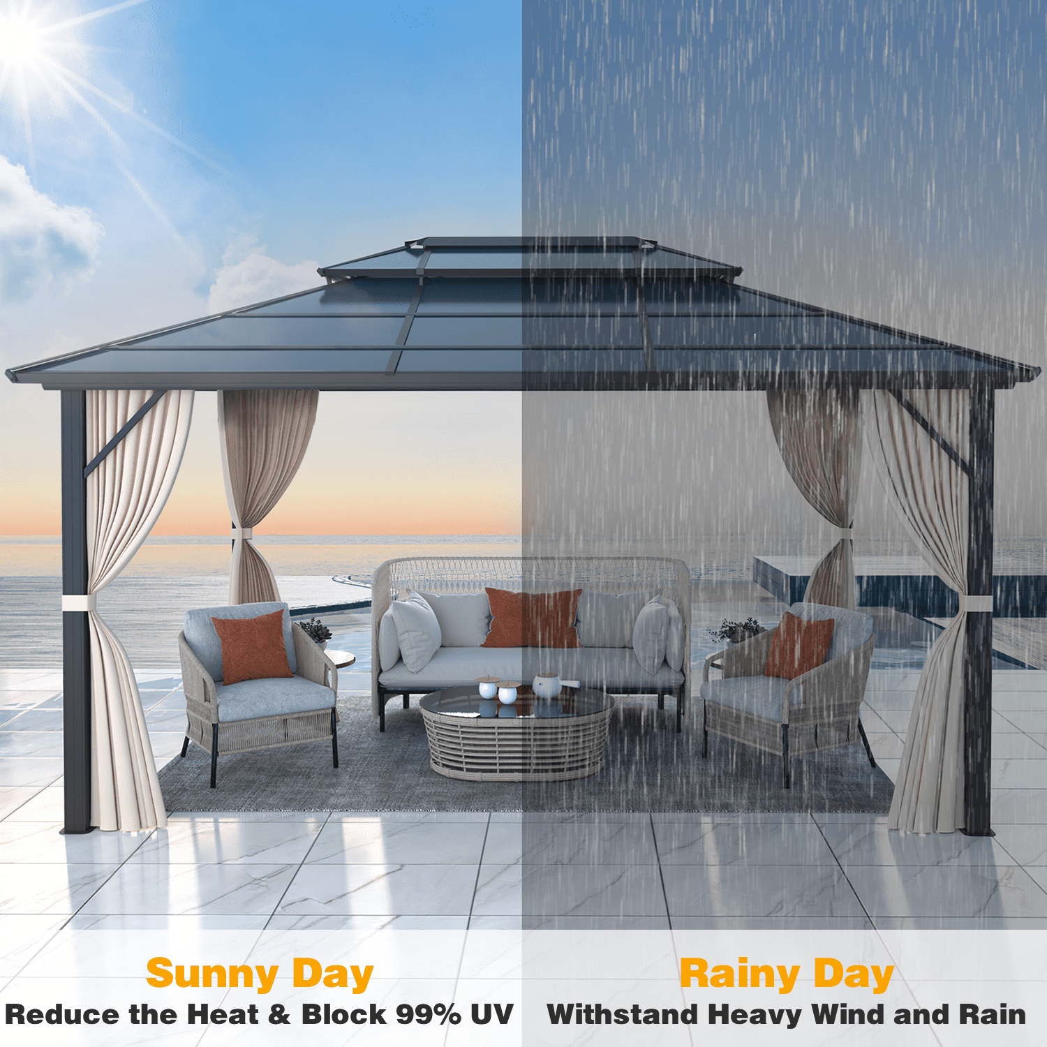 Hommow 10'x13' HardTop Double Roof Gazebo, Outdoor Polycarbonate Patio Gazebo with Aluminum Frame,Curtain
