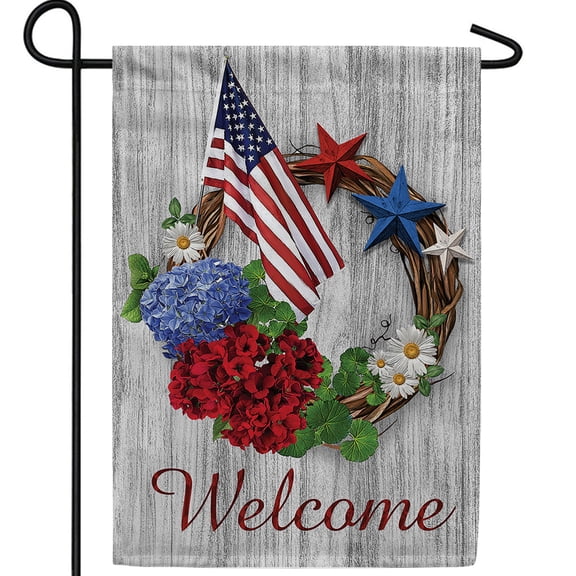 America Forever Patriotic Wreath 4th of July Garden Flag 12.5 x 18 inch Americana Barnstar Welcome Primitive Red White Blue Floral USA Yard Outdoor Memorial Day Independence Decoration