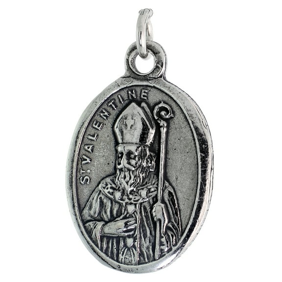 Sterling Silver St Valentine Medal Pendant Oxidized finish Oval 7/8 inch
