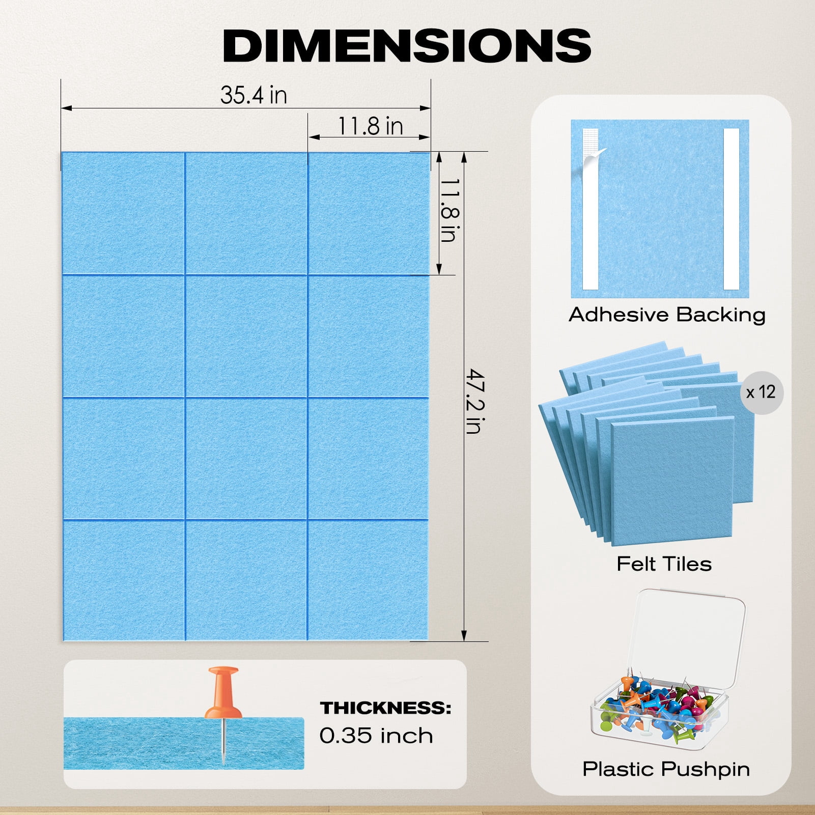MaxGear Large Cork Board for Wall 48" x 36", 12 Pack Felt Wall Tiles with Pushpins, Blue Bulletin Board, Pin Board Tack Board for Office, Home, Decoration
