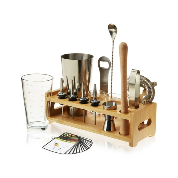 True 14-Piece Barware Set with Wooden Stand, Home Bar Tools Bartender Gifts
