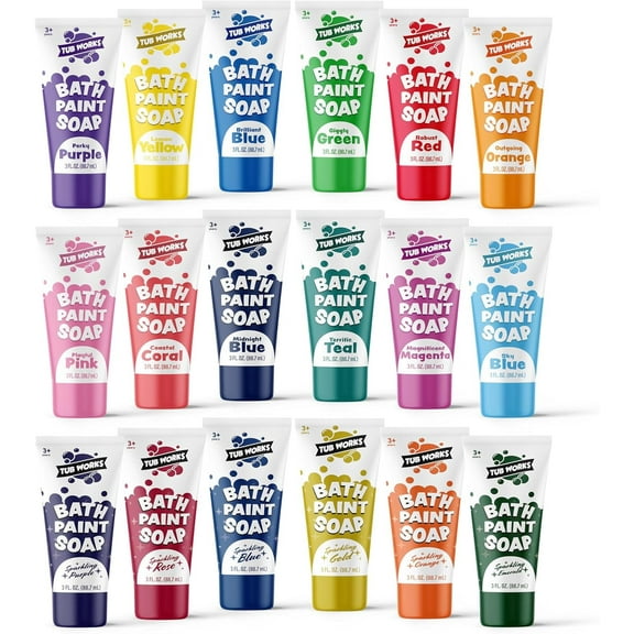 Tub Works Bath Paint Soap, 18 Pack, Washable Bathtub Paint for Finger Painting on Tub Walls, Variety Pack