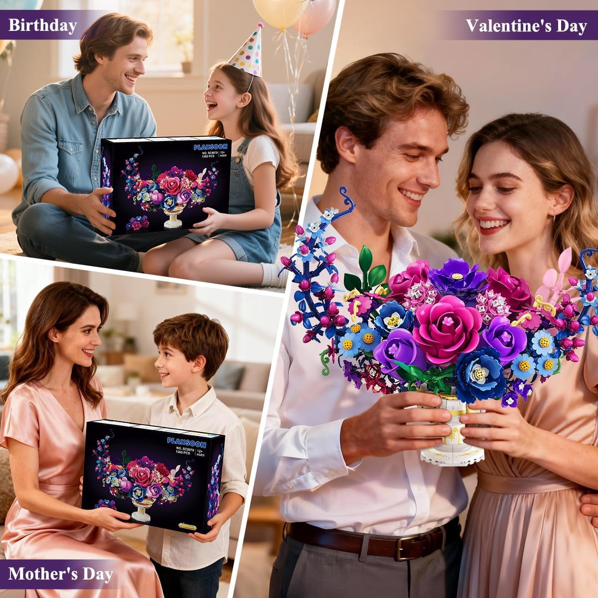 TERRAMUS Moon Flower Bouquet Building Set with LED Light, 1274 Pcs Crescent Shape Floral Building Kit, Lunar Flower Display Model Blocks Toy for Ages 12+