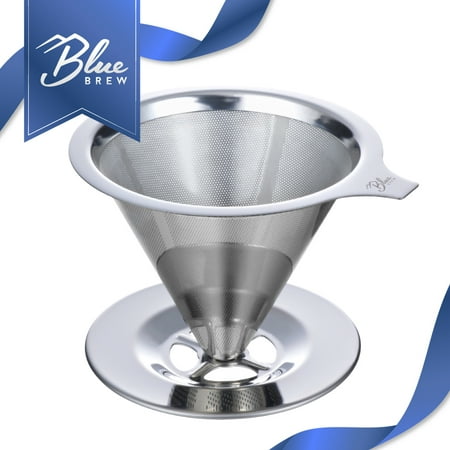 BLUE BREW (2-4 Cups) Double Filtered Pour Over Coffee Dripper, Stainless Steel Funnel Slow Drip Reusable Cone Filter with Non-Slip Cup Stand (BB1020)