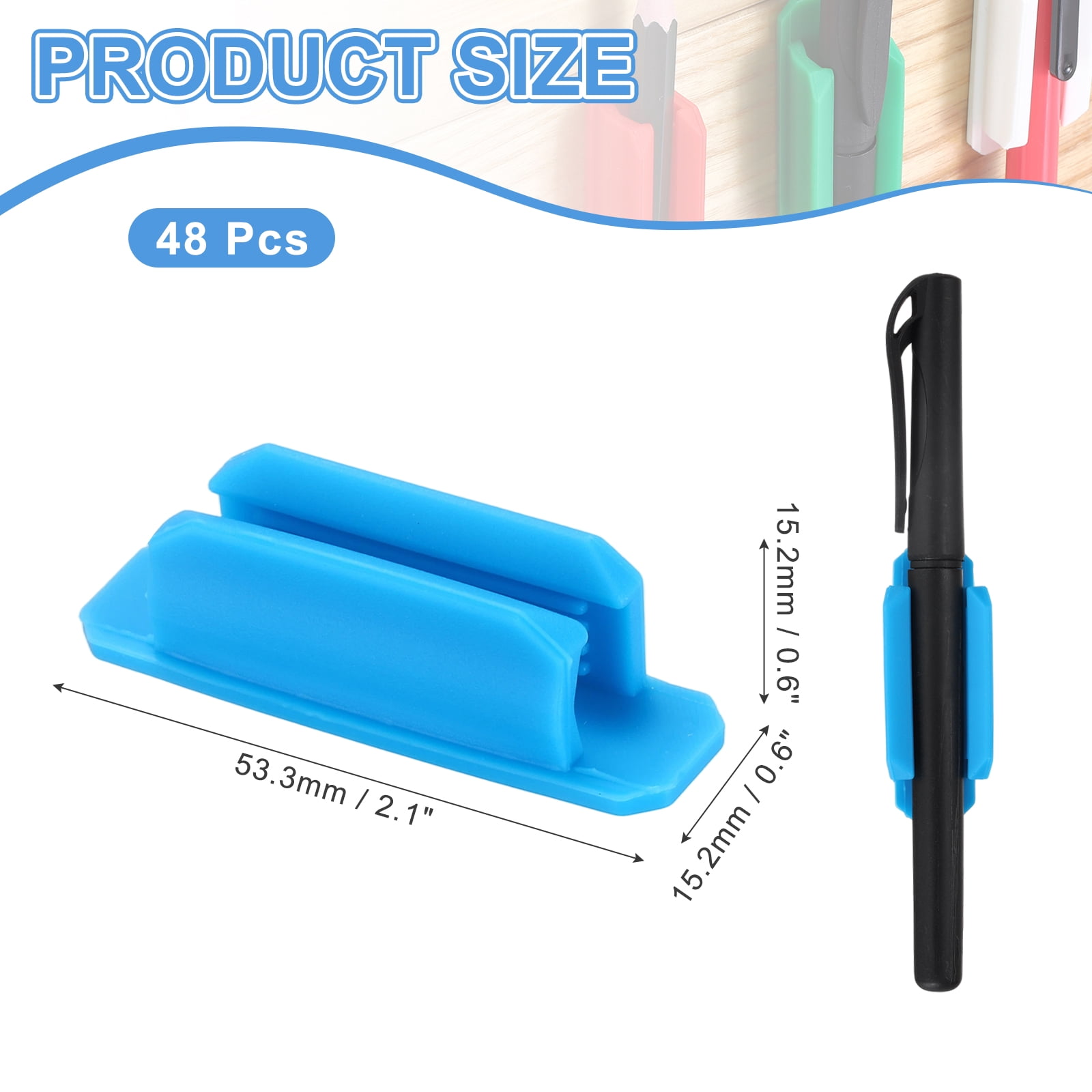 Adhesive Pen Holders, 48 Pack Silicone Flexible Pencil Holder Marker Clip Organizer for Walls, Clipboards, Writing Boards, Office, Car, Desk Accessories, Blue