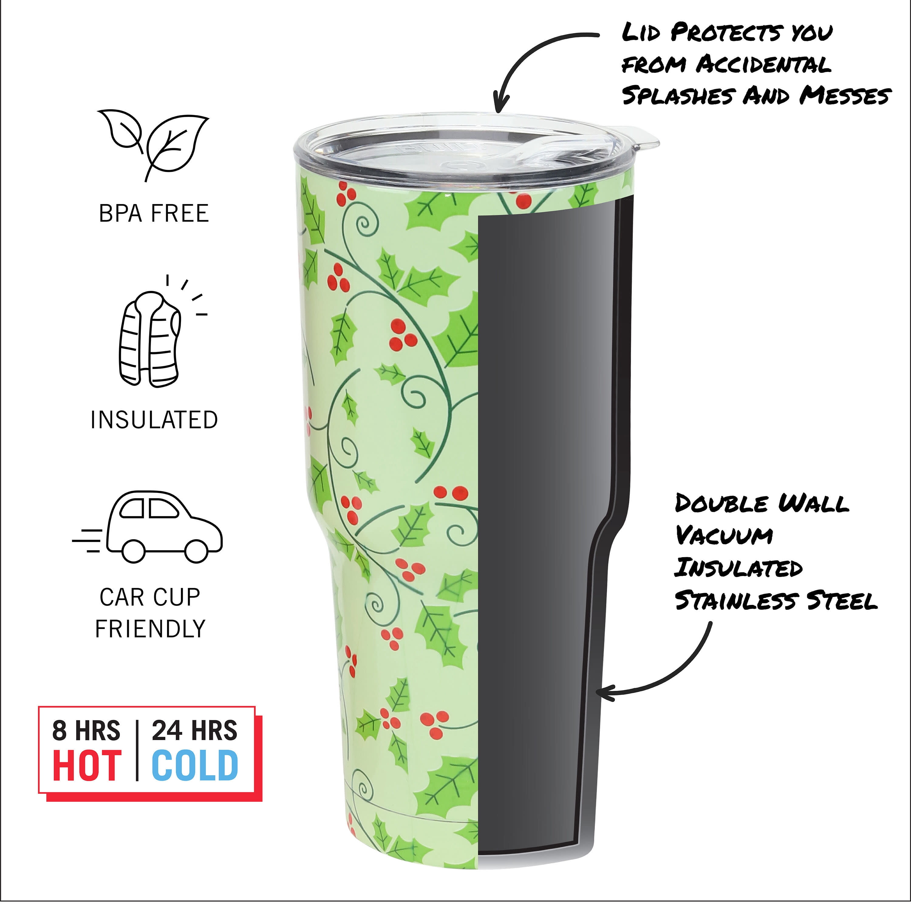 Built Holiday Tumblers 30oz Stainless Steel, Plaid and Holly Set of 2