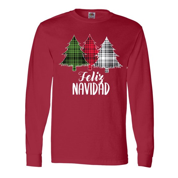Inktastic Feliz Navidad Plaid Trees Long Sleeve T-Shirt