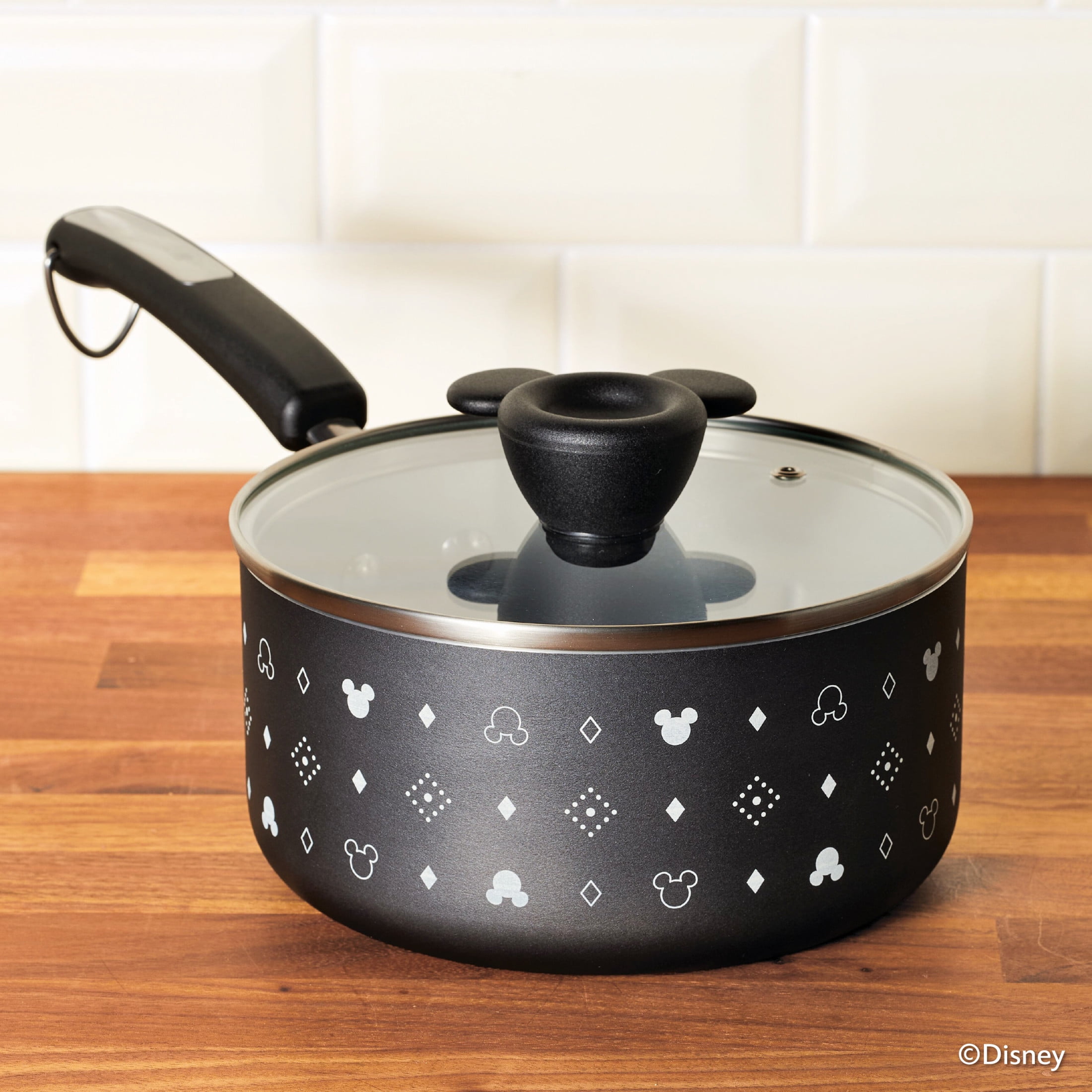 Farberware Disney Monochrome 2 Quart Ceramic Nonstick Saucepan with Tempered Glass Lid, Dishwasher Safe, Black