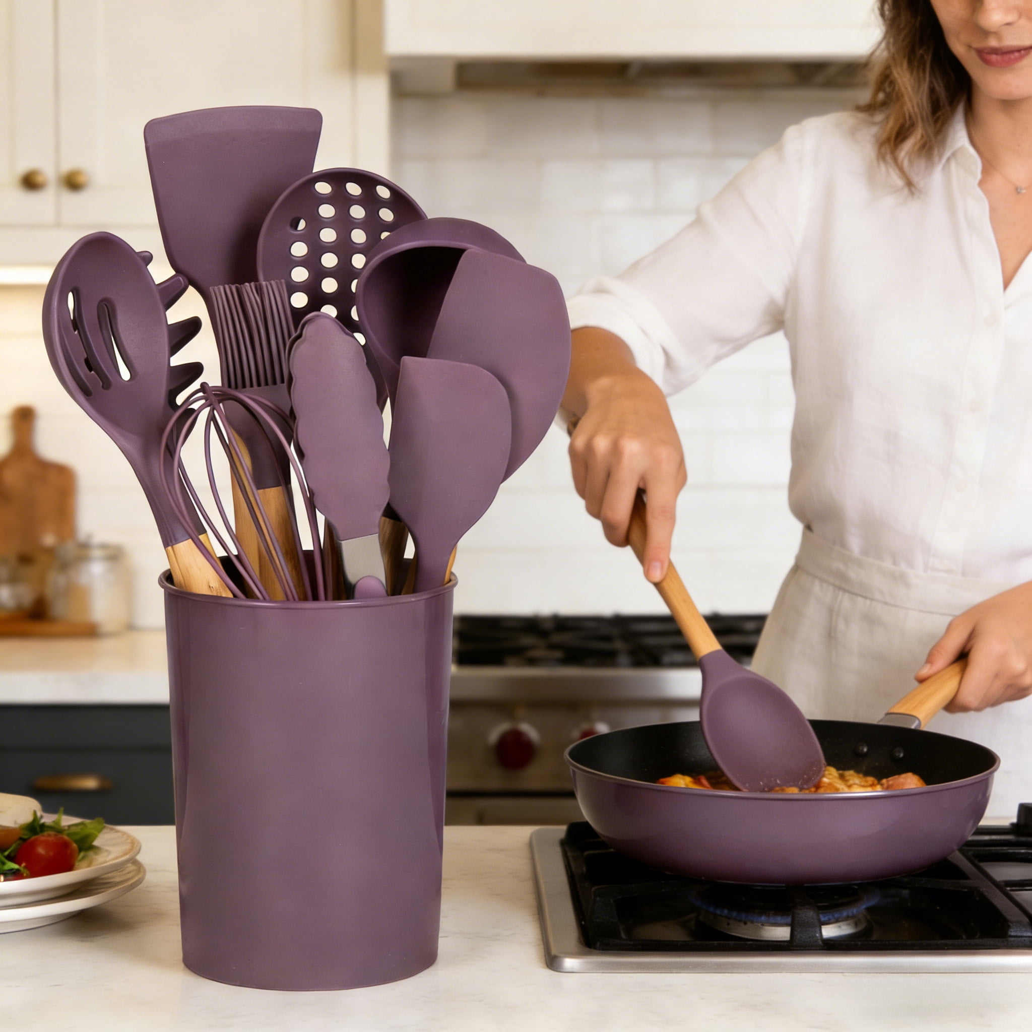 Mainstays Bamboo and Silicone Kitchen Utensil Set, Enchanting Purple, 14 Pieces